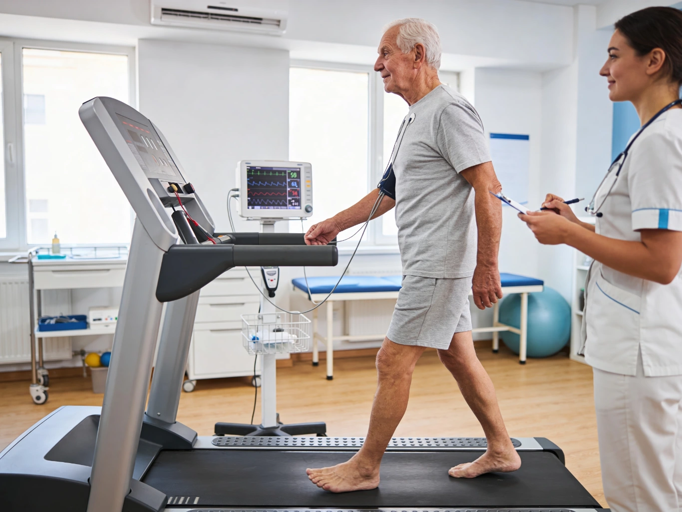 nurse monitoring vitals in a bright medical rehabilitation clinic