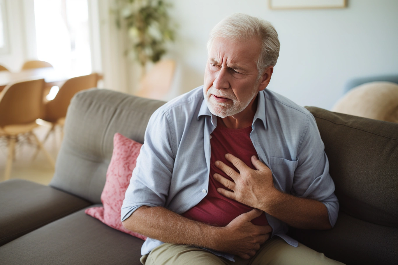 Older man experiencing chest discomfort while sitting on a sofa
